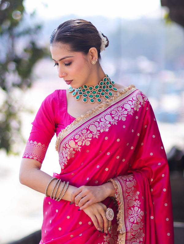 Banarasee Handloom Mashru Silk Saree With Buti Design Floral Zari Border & Lace-Fuchsia Pink