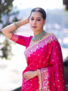Banarasee Handloom Mashru Silk Saree With Buti Design Floral Zari Border & Lace-Fuchsia Pink