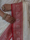 Banarasee Handloom Pure Chiniya Silk Saree With Zari Buti Work & Contrast Border-White & Red