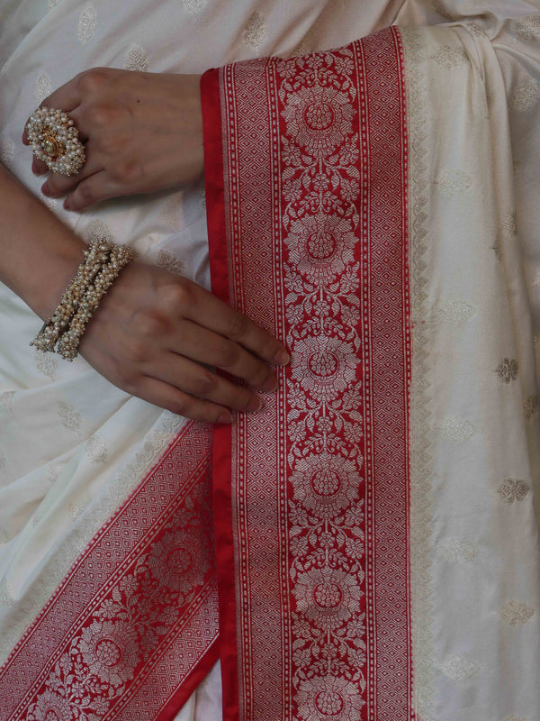Banarasee Handloom Pure Chiniya Silk Saree With Zari Buti Work & Contrast Border-White & Red