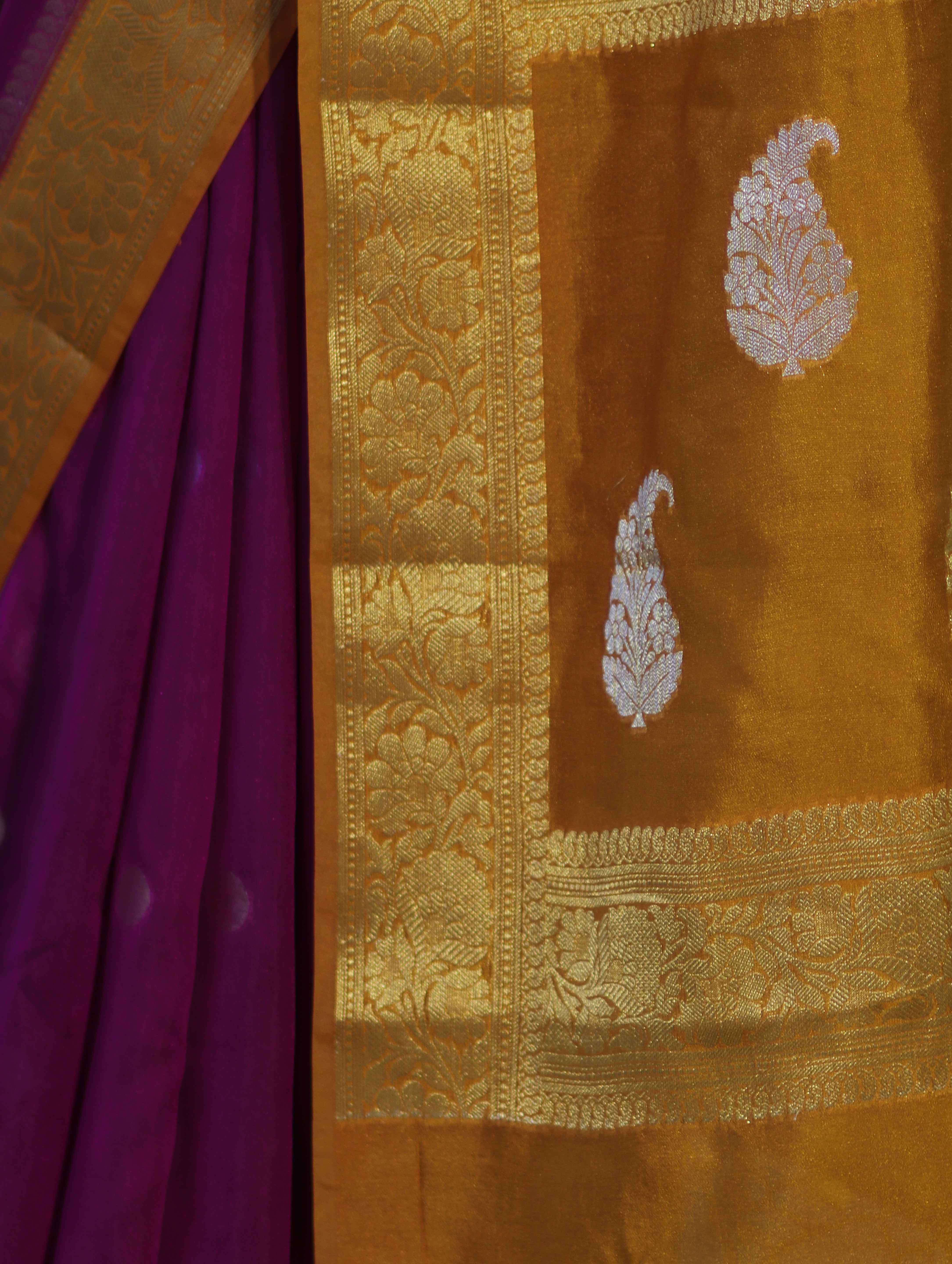 Banarasee Semi Chiffon Saree With Zari Buti Design & Contrast Border-Wine & Mustard Yellow