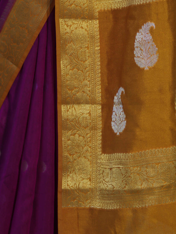 Banarasee Semi Chiffon Saree With Zari Buti Design & Contrast Border-Wine & Mustard Yellow