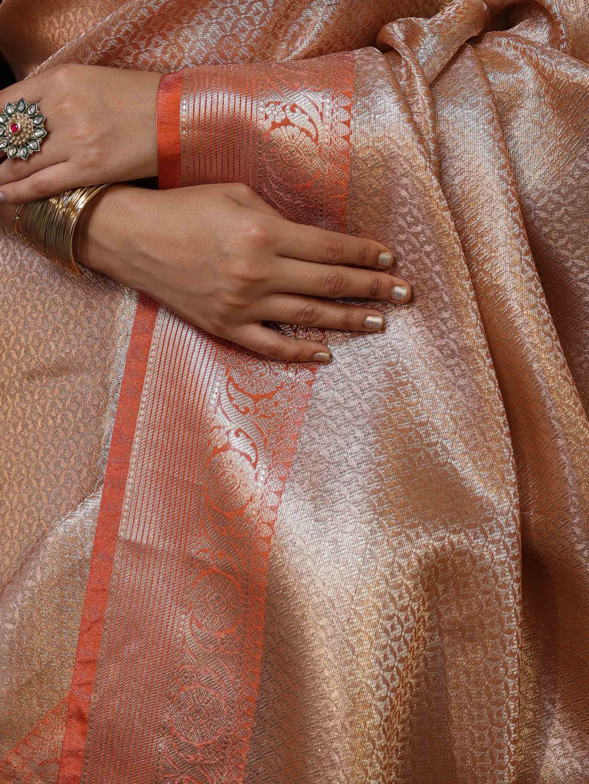 Banarasee Handwoven Tissue Saree With Zari Woven Design & Broad Border-Rust