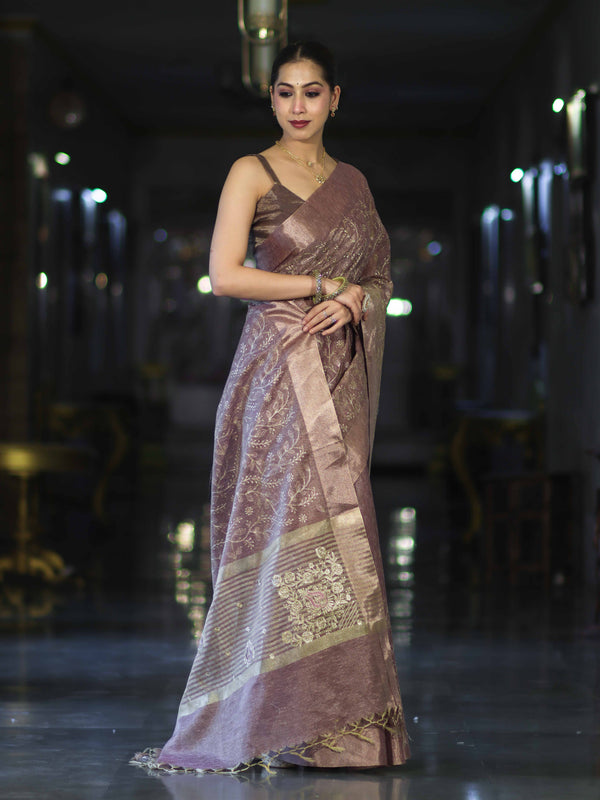Banarasee Handloom Tissue Saree With Zari Thread Floral Embroidery & Border-Mauve