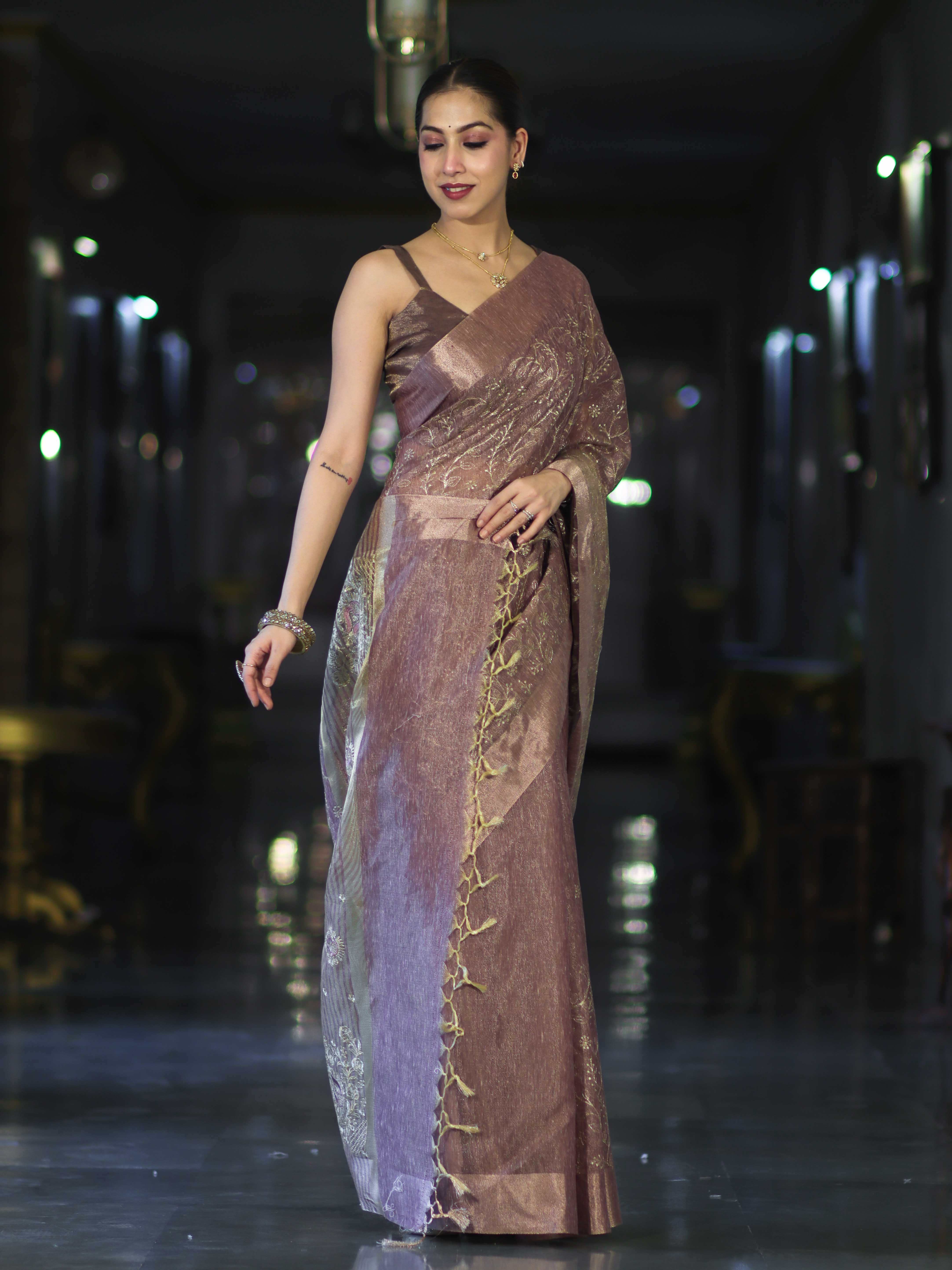 Banarasee Handloom Tissue Saree With Zari Thread Floral Embroidery & Border-Mauve