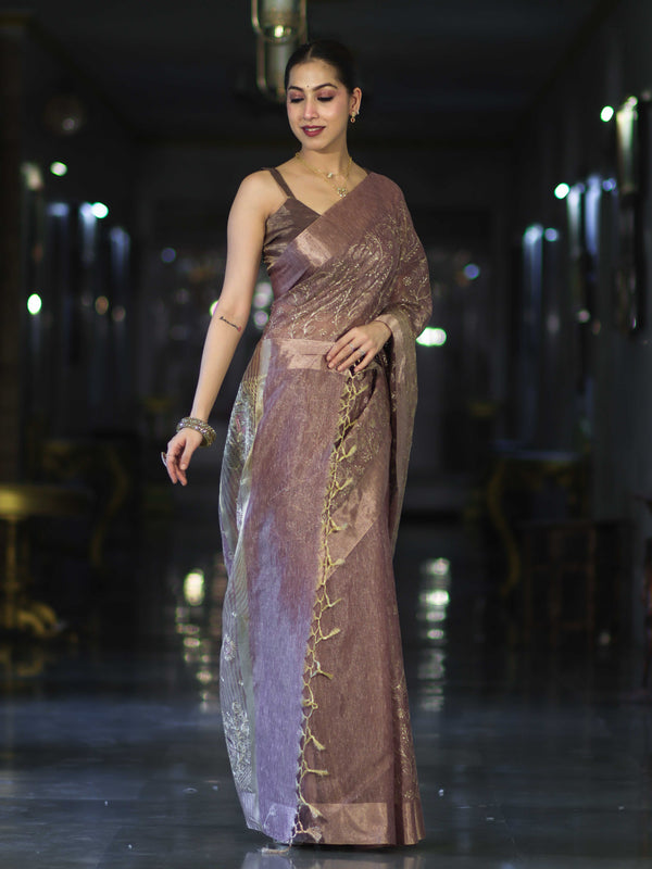 Banarasee Handloom Tissue Saree With Zari Thread Floral Embroidery & Border-Mauve