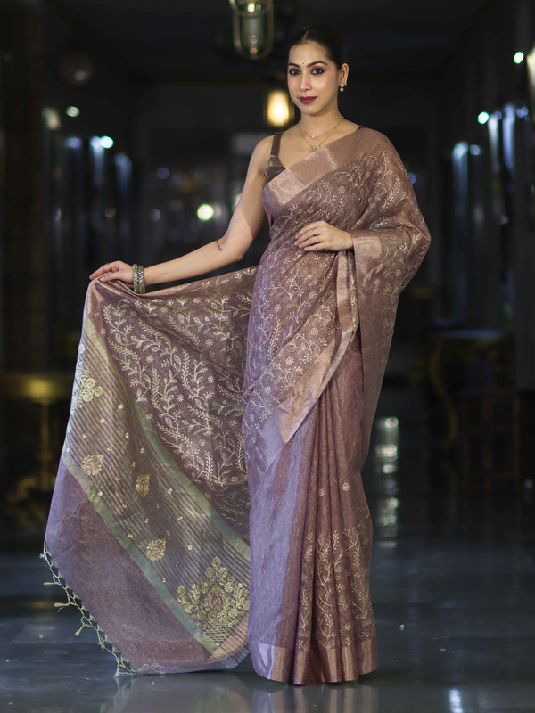 Banarasee Handloom Tissue Saree With Zari Thread Floral Embroidery & Border-Mauve