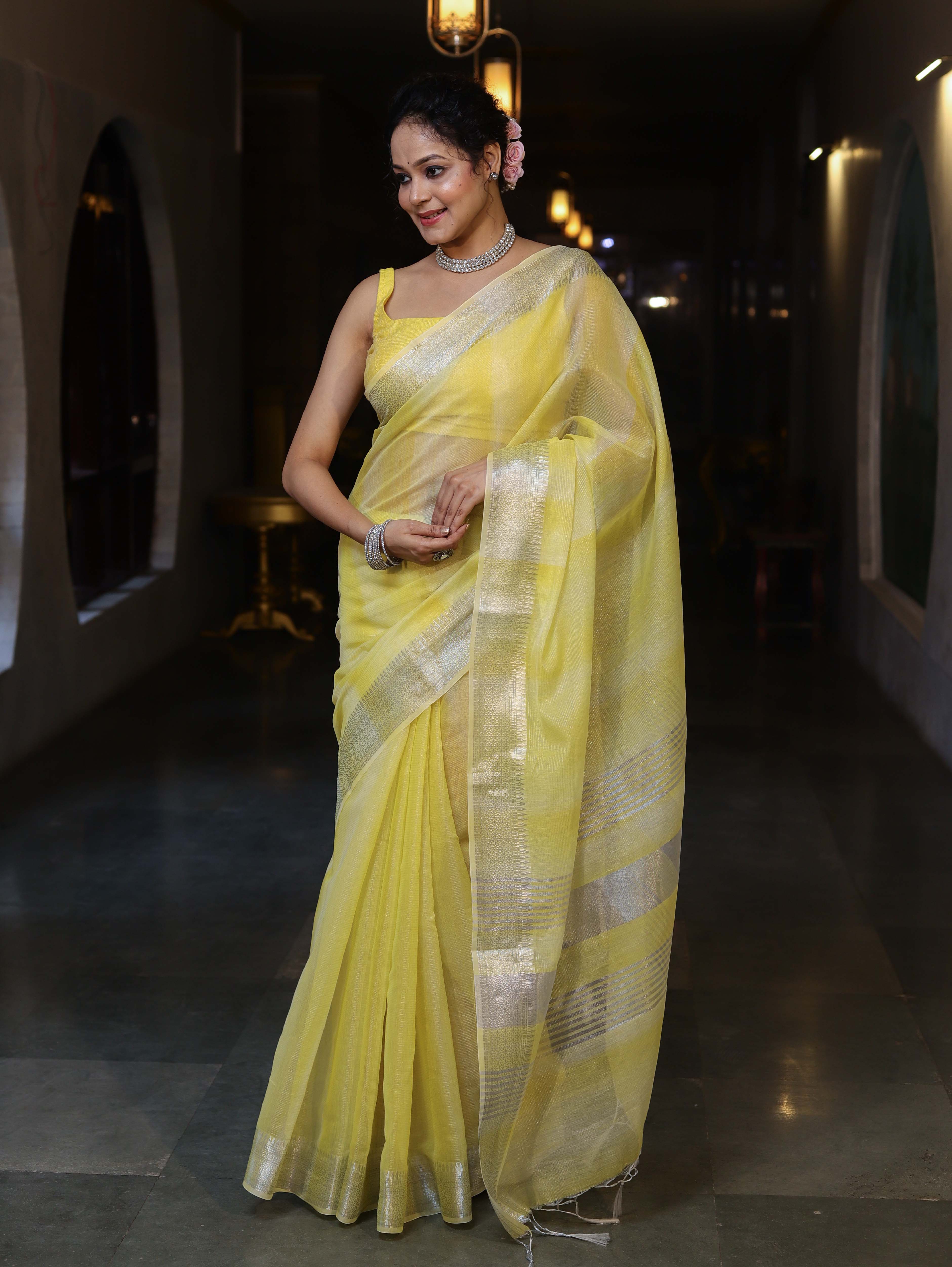 Banarasee Handloom Linen Tissue Saree With Silver Zari Stripes & Border-Light Yellow