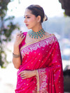 Banarasee Handloom Mashru Silk Saree With Buti Design Floral Zari Border & Lace-Fuchsia Pink