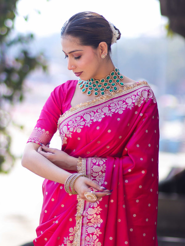 Banarasee Handloom Mashru Silk Saree With Buti Design Floral Zari Border & Lace-Fuchsia Pink