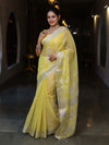 Banarasee Handloom Linen Tissue Saree With Silver Zari Stripes & Border-Light Yellow