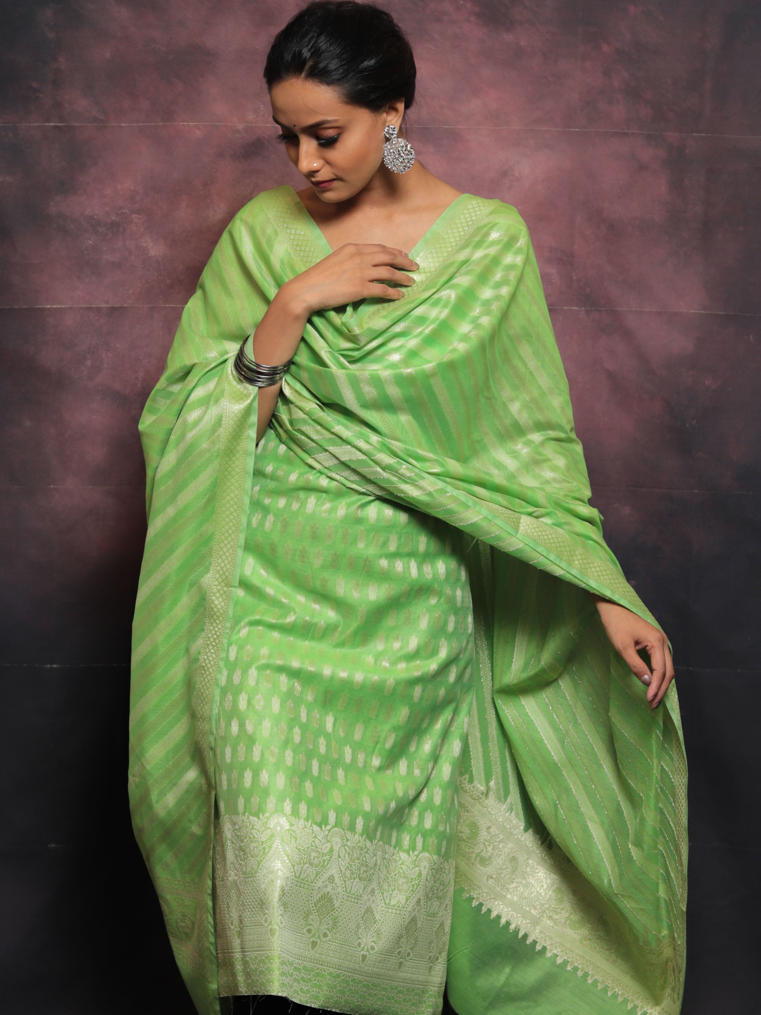 Banarasee Salwar Kameez Cotton Silk Resham & Zari Buti Woven Fabric With Dupatta-Light Green