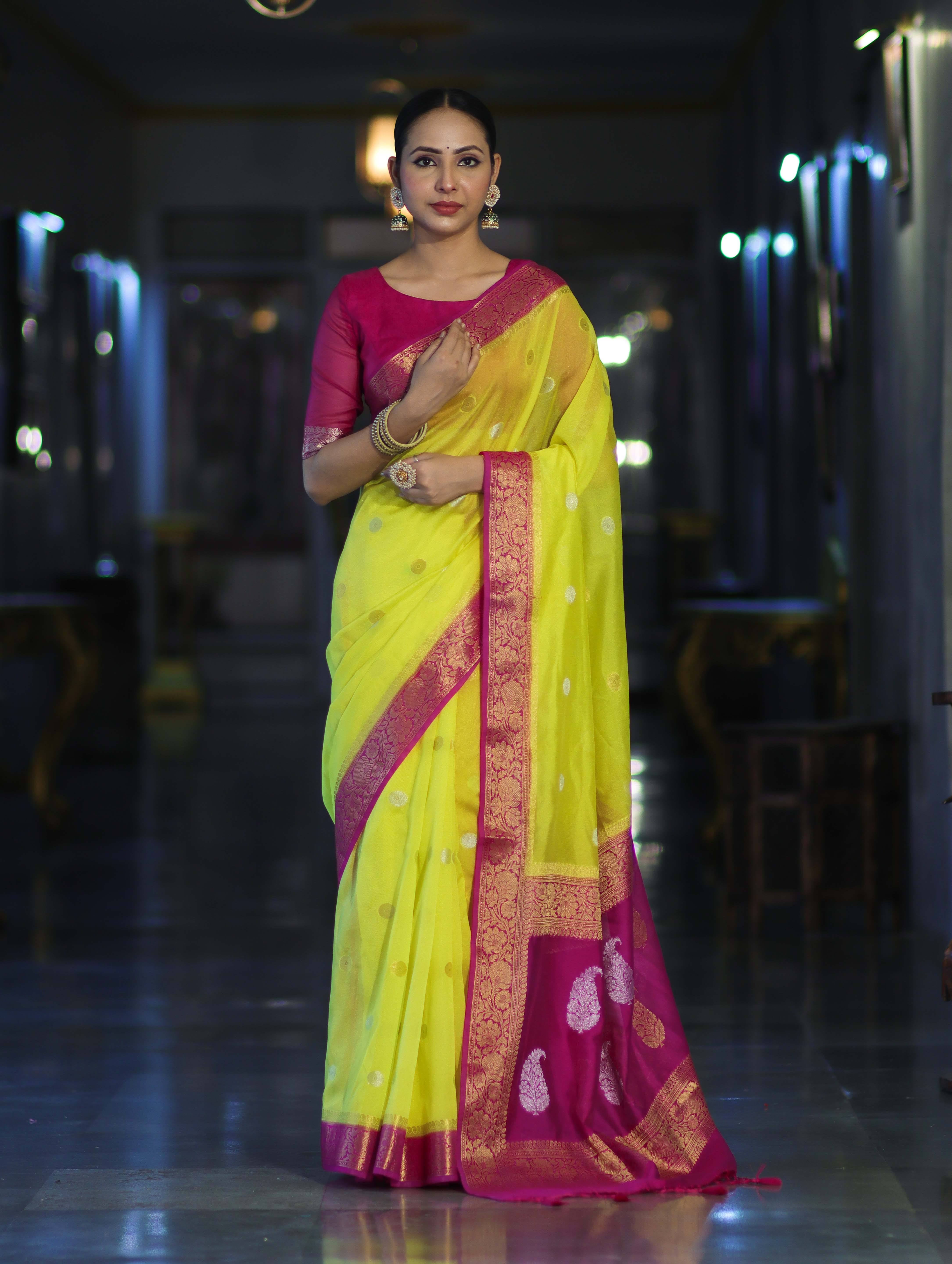 Banarasee Semi Chiffon Saree With Zari Buti Design & Contrast Border-Neon Yellow & Magenta
