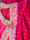 Banarasee Handloom Mashru Silk Saree With Buti Design Floral Zari Border & Lace-Fuchsia Pink
