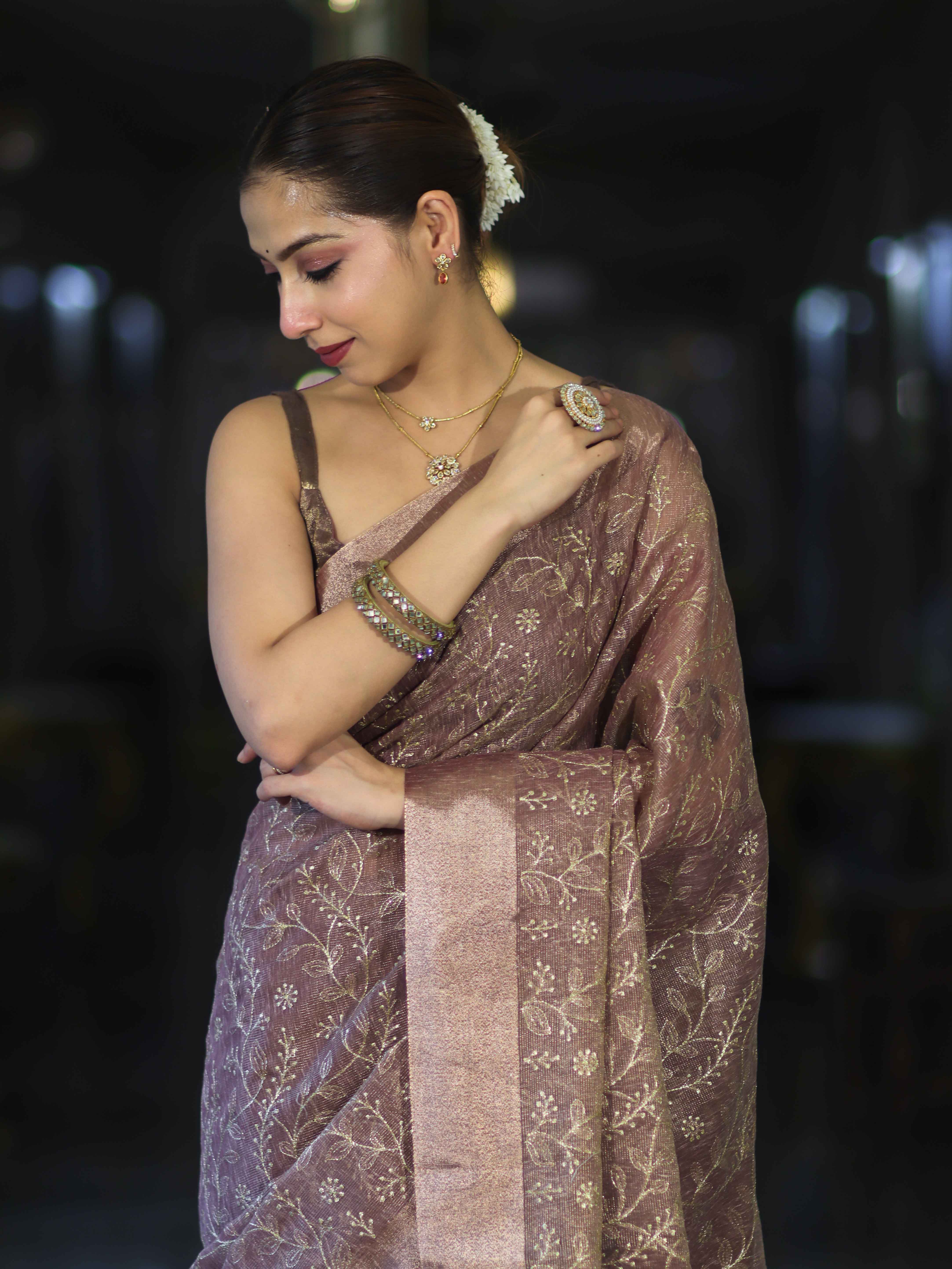 Banarasee Handloom Tissue Saree With Zari Thread Floral Embroidery & Border-Mauve