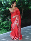 Banarasee Handwoven Semi Silk Saree With Zari Buti Design Floral Border & Lace-Red