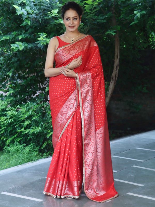 Banarasee Handwoven Semi Silk Saree With Zari Buti Design Floral Border & Lace-Red