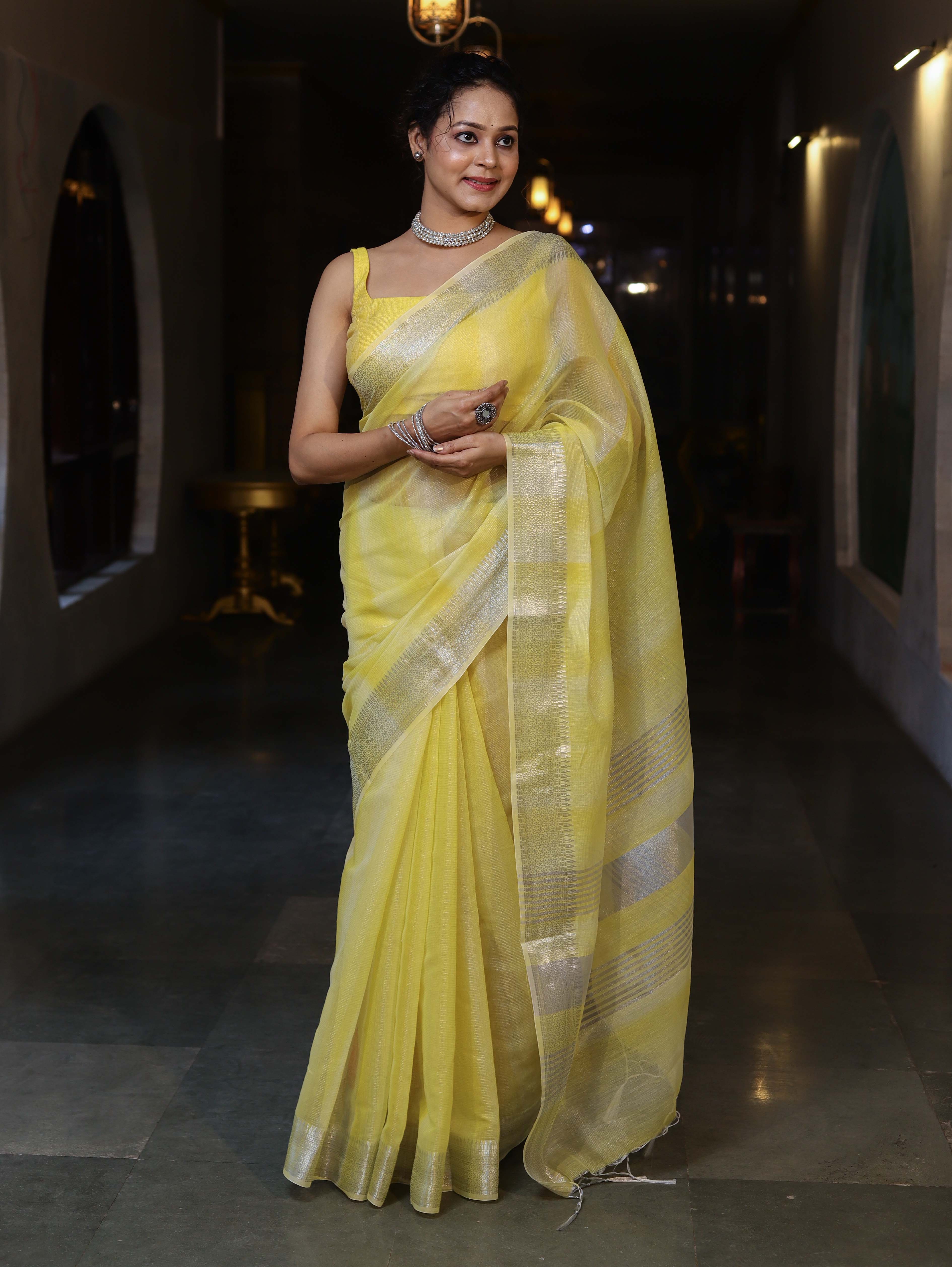 Banarasee Handloom Linen Tissue Saree With Silver Zari Stripes & Border-Light Yellow