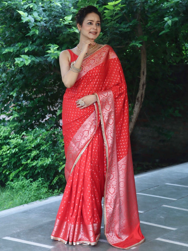 Banarasee Handwoven Semi Silk Saree With Zari Buti Design Floral Border & Lace-Red