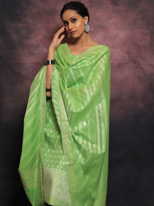 Banarasee Salwar Kameez Cotton Silk Resham & Zari Buti Woven Fabric With Dupatta-Light Green