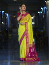 Banarasee Semi Chiffon Saree With Zari Buti Design & Contrast Border-Neon Yellow & Magenta