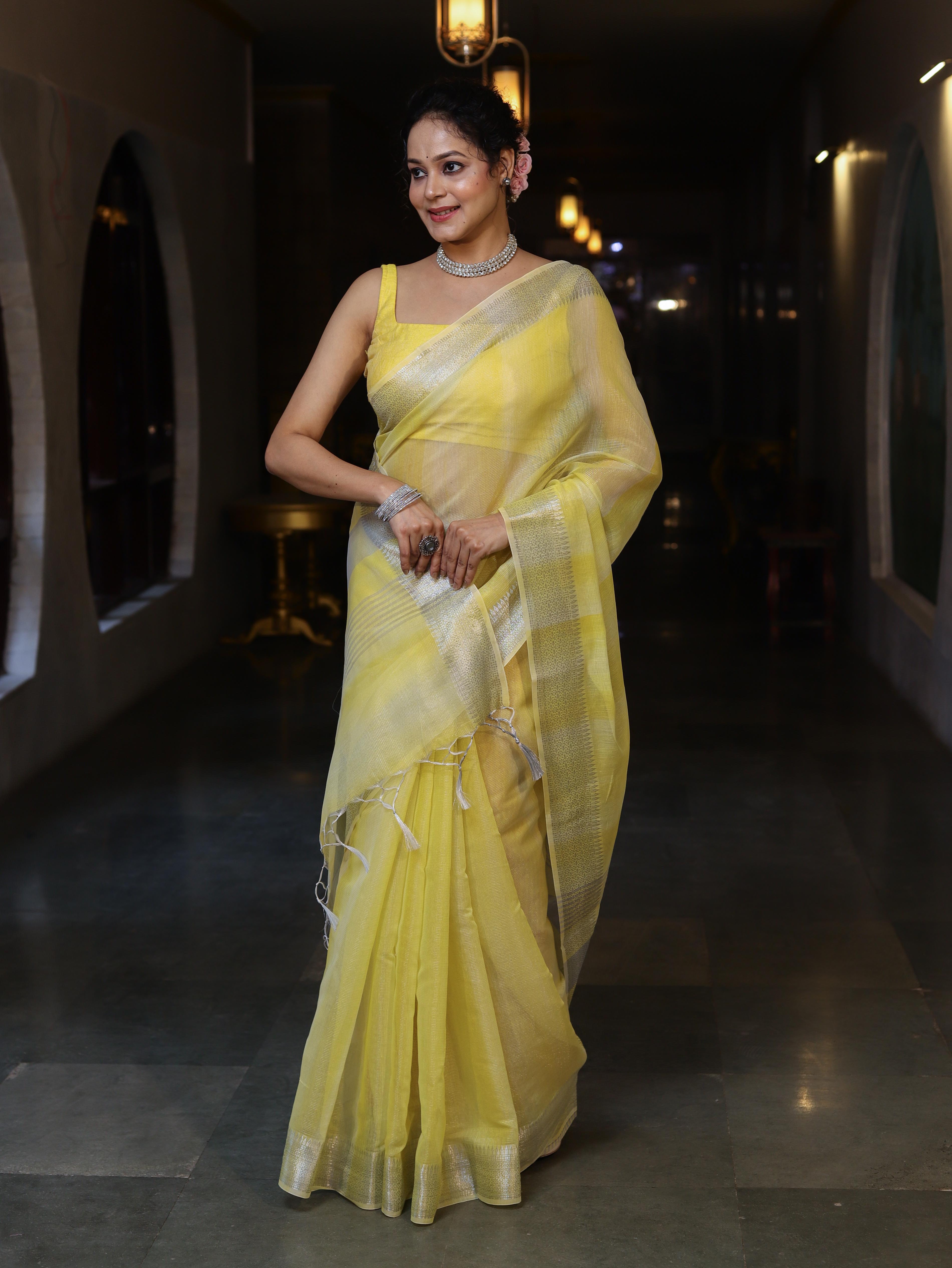 Banarasee Handloom Linen Tissue Saree With Silver Zari Stripes & Border-Light Yellow