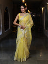 Banarasee Handloom Linen Tissue Saree With Silver Zari Stripes & Border-Light Yellow