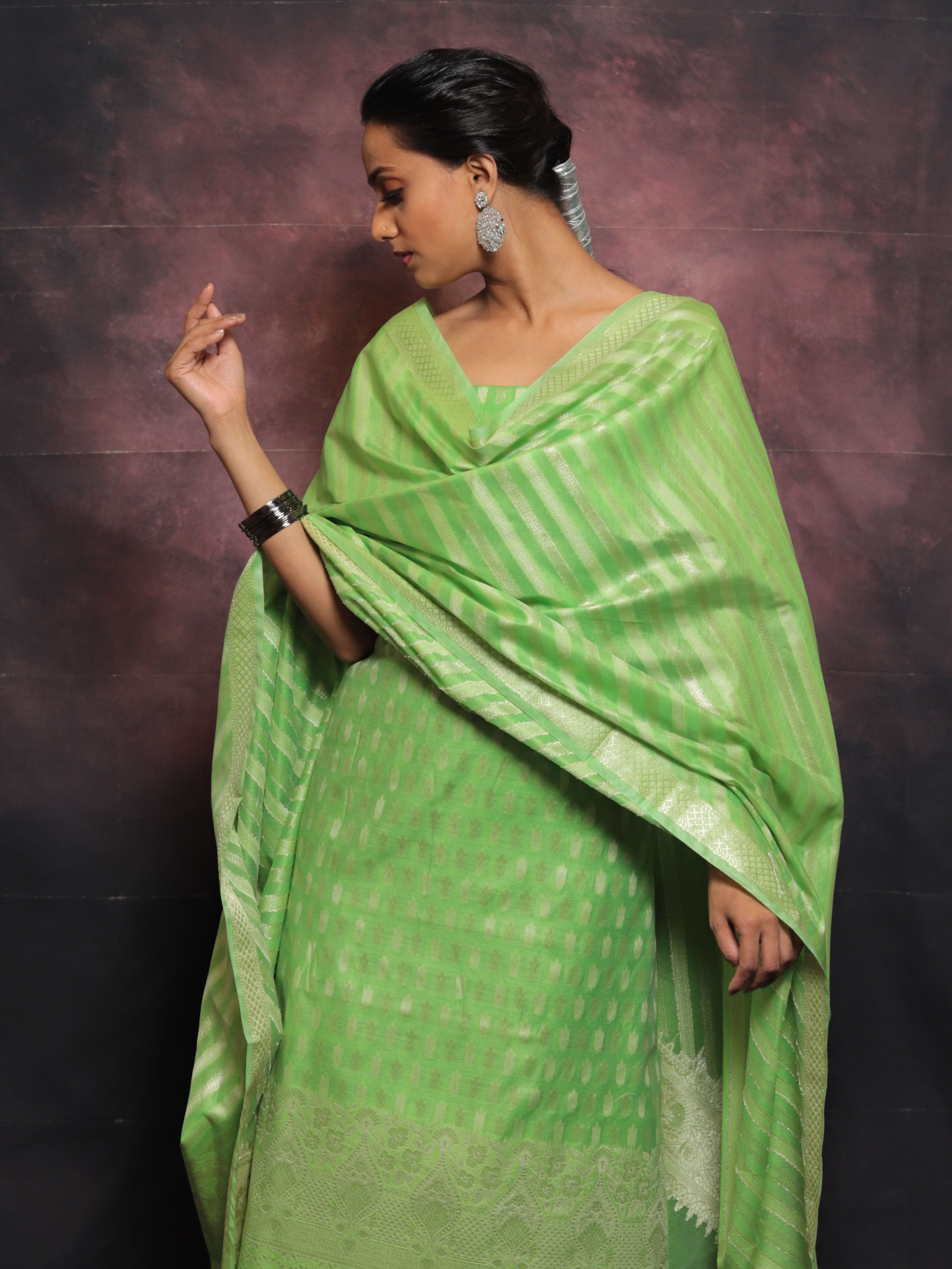 Banarasee Salwar Kameez Cotton Silk Resham & Zari Buti Woven Fabric With Dupatta-Light Green