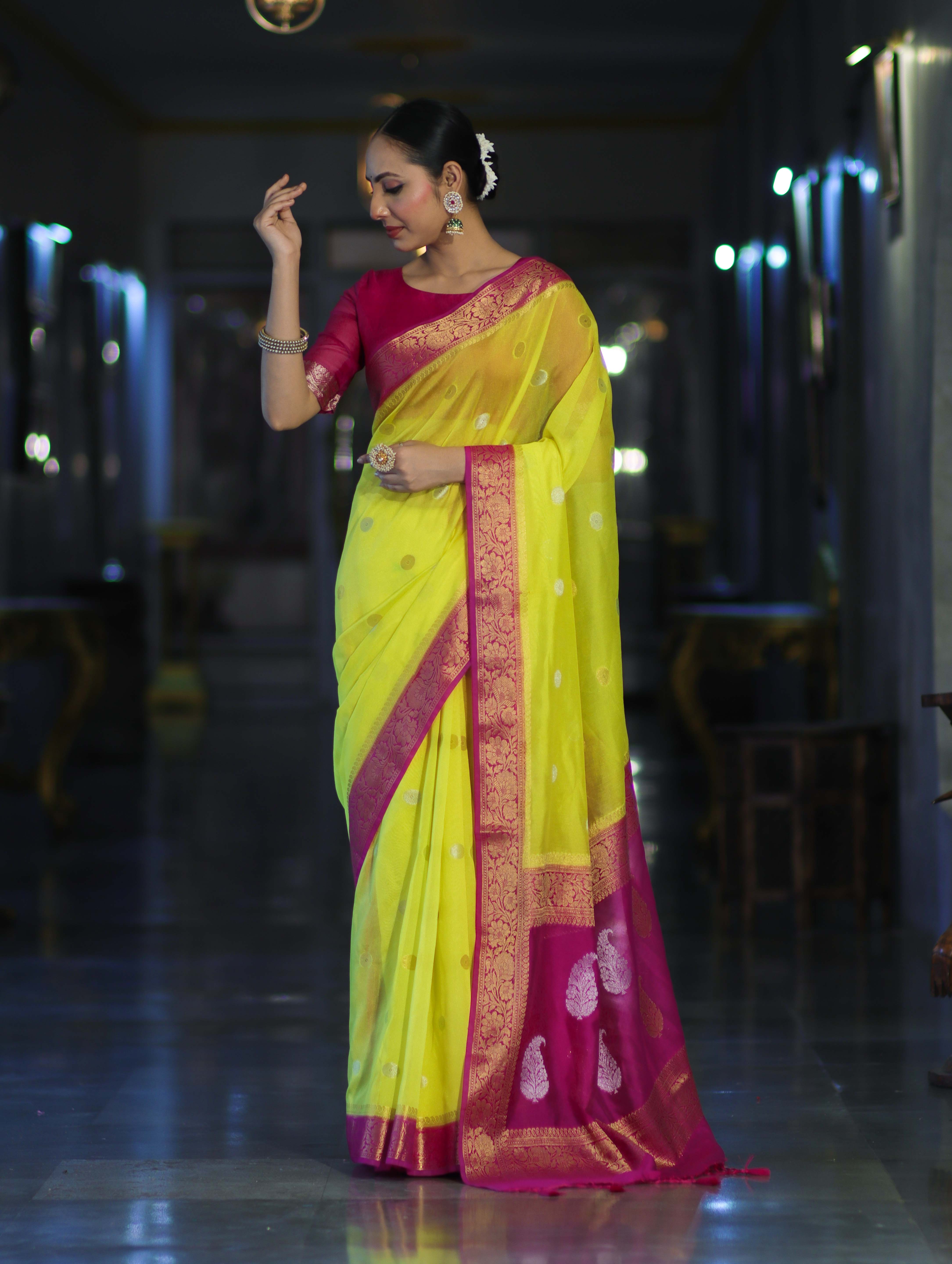 Banarasee Semi Chiffon Saree With Zari Buti Design & Contrast Border-Neon Yellow & Magenta