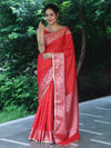Banarasee Handwoven Semi Silk Saree With Zari Buti Design Floral Border & Lace-Red