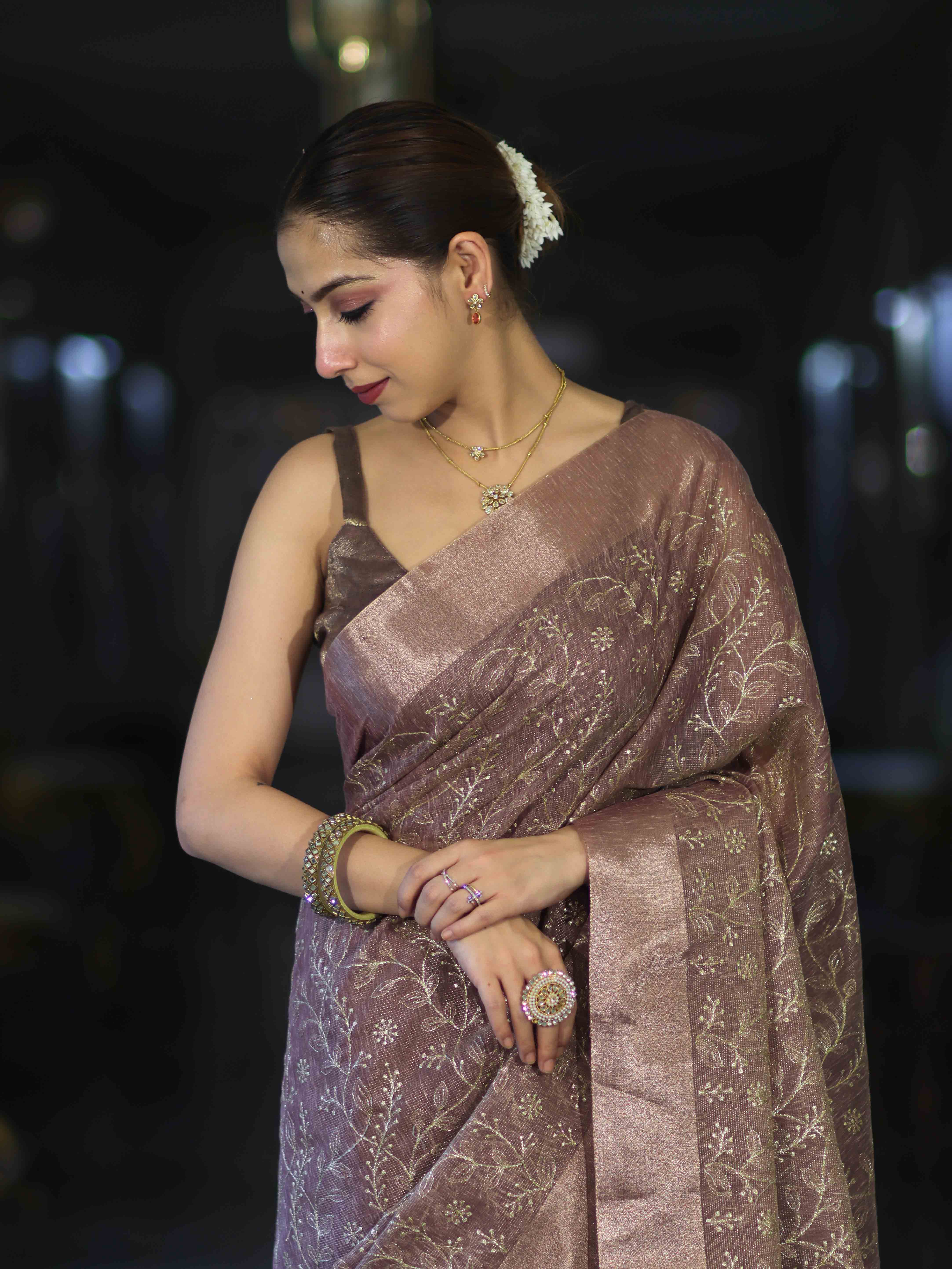 Banarasee Handloom Tissue Saree With Zari Thread Floral Embroidery & Border-Mauve