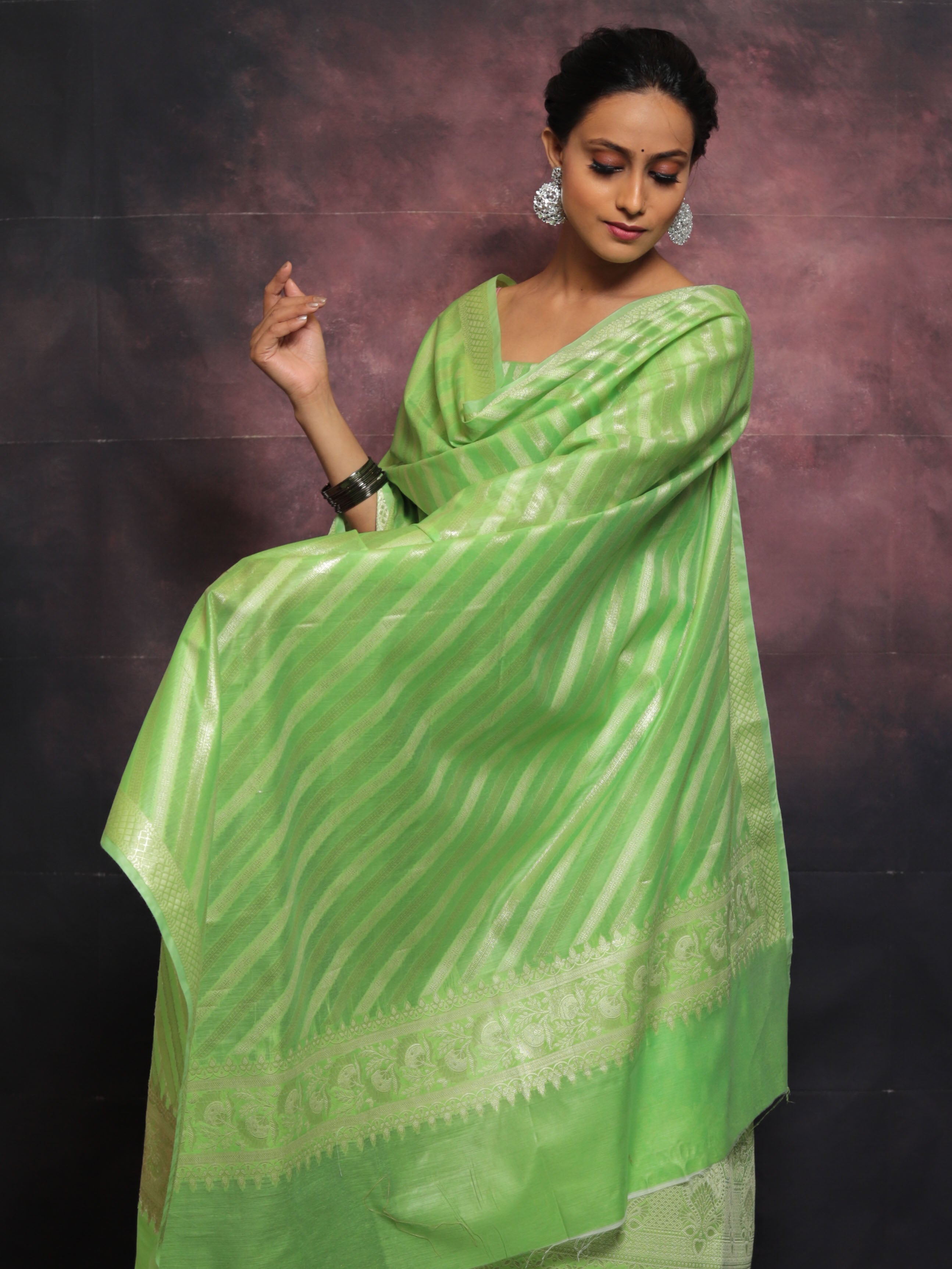 Banarasee Salwar Kameez Cotton Silk Resham & Zari Buti Woven Fabric With Dupatta-Light Green