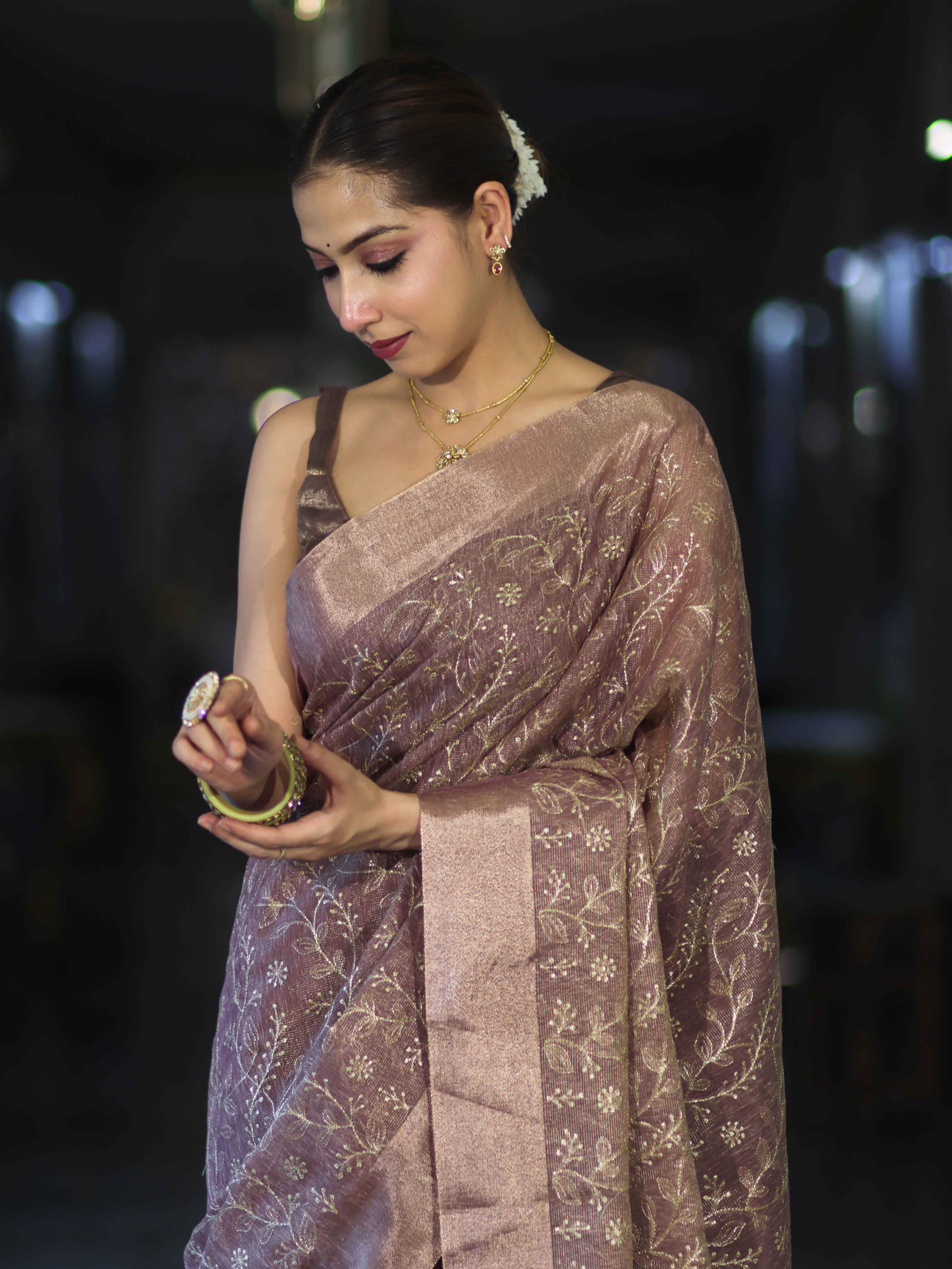 Banarasee Handloom Tissue Saree With Zari Thread Floral Embroidery & Border-Mauve
