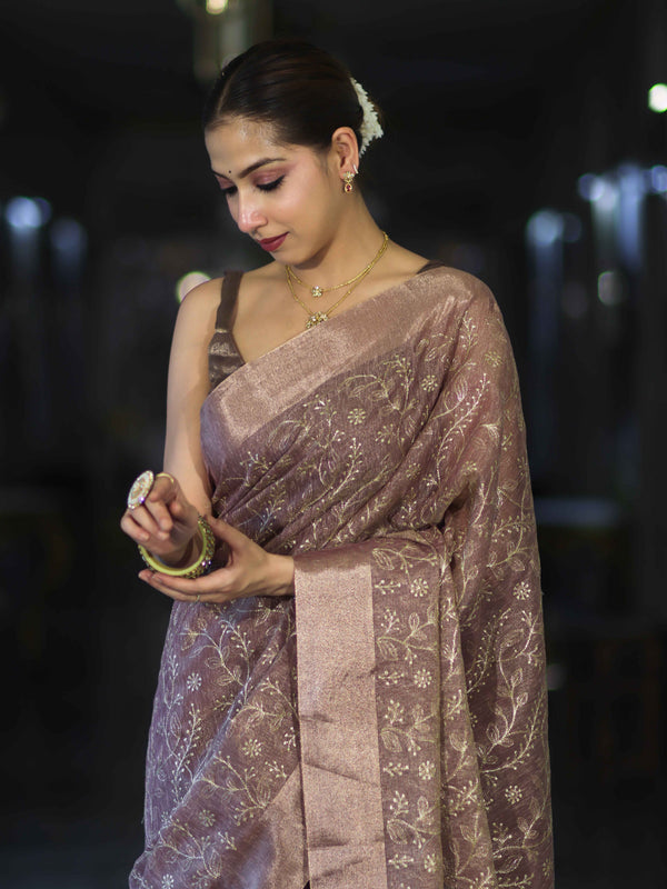 Banarasee Handloom Tissue Saree With Zari Thread Floral Embroidery & Border-Mauve