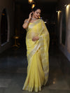 Banarasee Handloom Linen Tissue Saree With Silver Zari Stripes & Border-Light Yellow