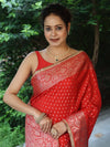 Banarasee Handwoven Semi Silk Saree With Zari Buti Design Floral Border & Lace-Red