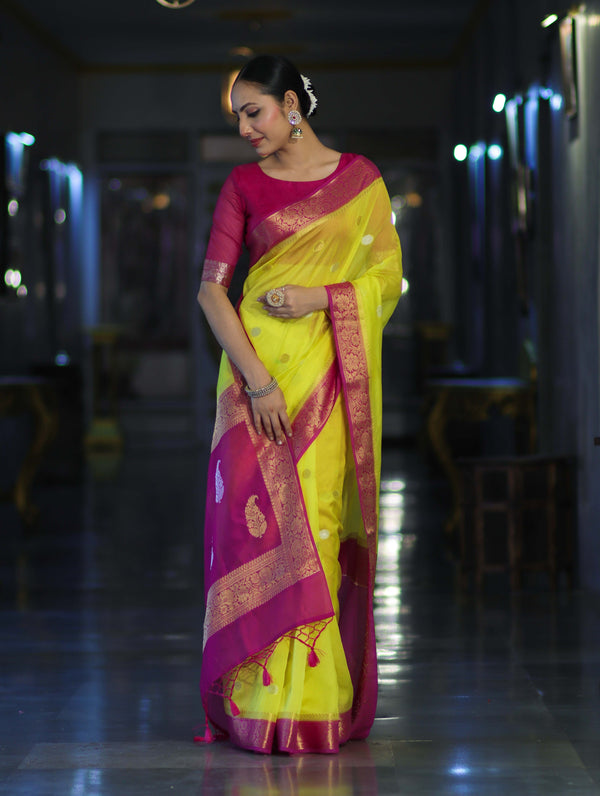 Banarasee Semi Chiffon Saree With Zari Buti Design & Contrast Border-Neon Yellow & Magenta
