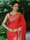 Banarasee Handwoven Semi Silk Saree With Zari Buti Design Floral Border & Lace-Red