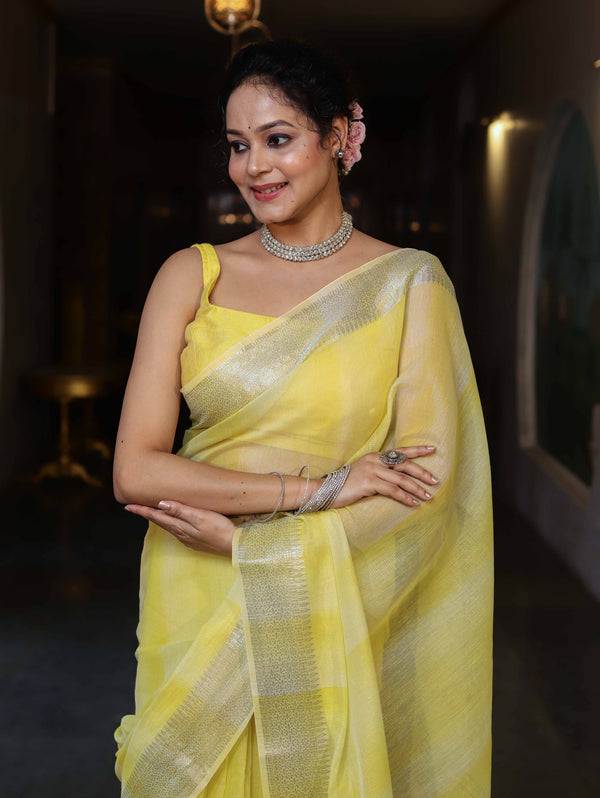 Banarasee Handloom Linen Tissue Saree With Silver Zari Stripes & Border-Light Yellow