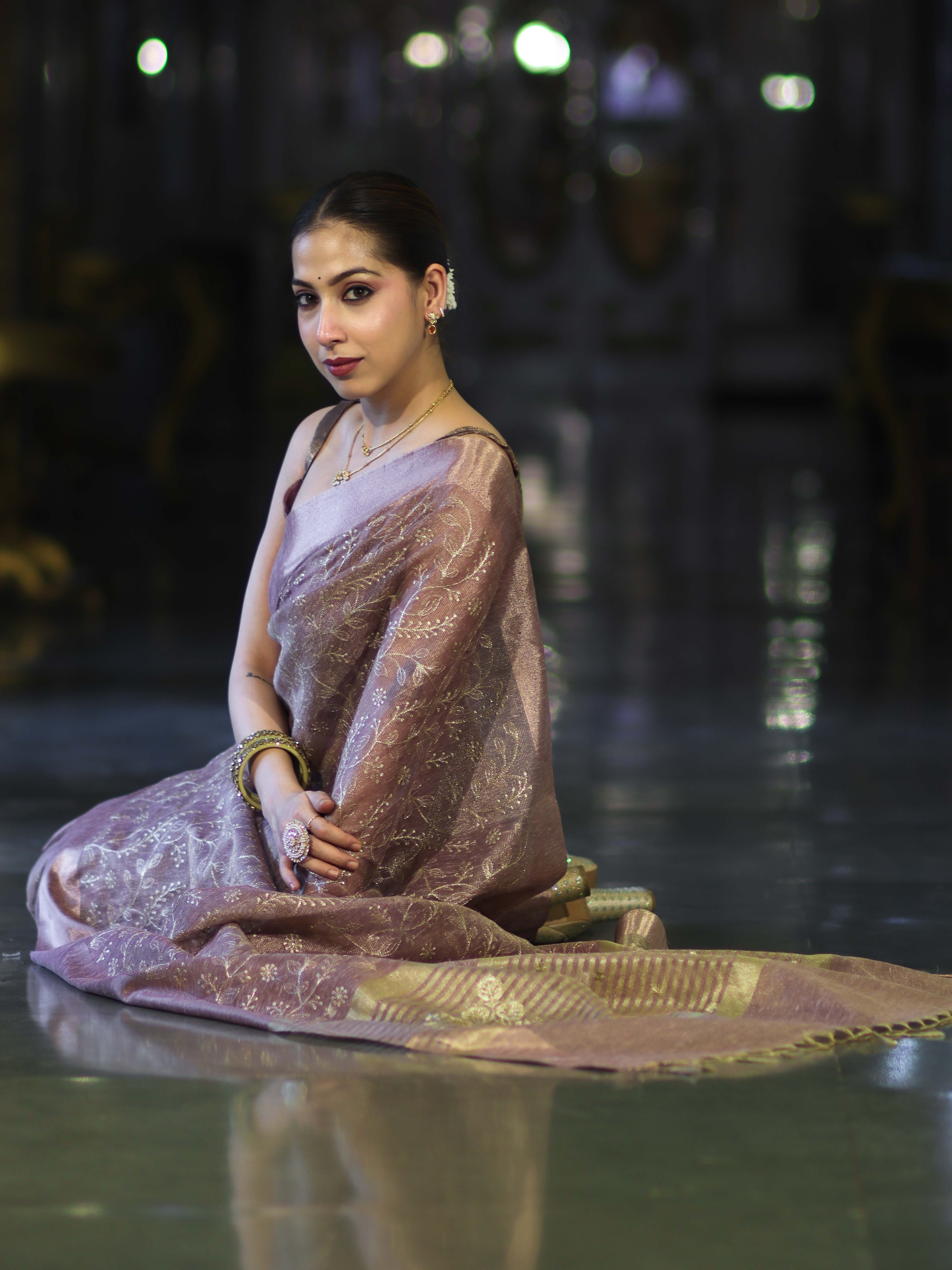 Banarasee Handloom Tissue Saree With Zari Thread Floral Embroidery & Border-Mauve