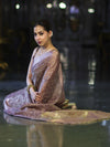 Banarasee Handloom Tissue Saree With Zari Thread Floral Embroidery & Border-Mauve