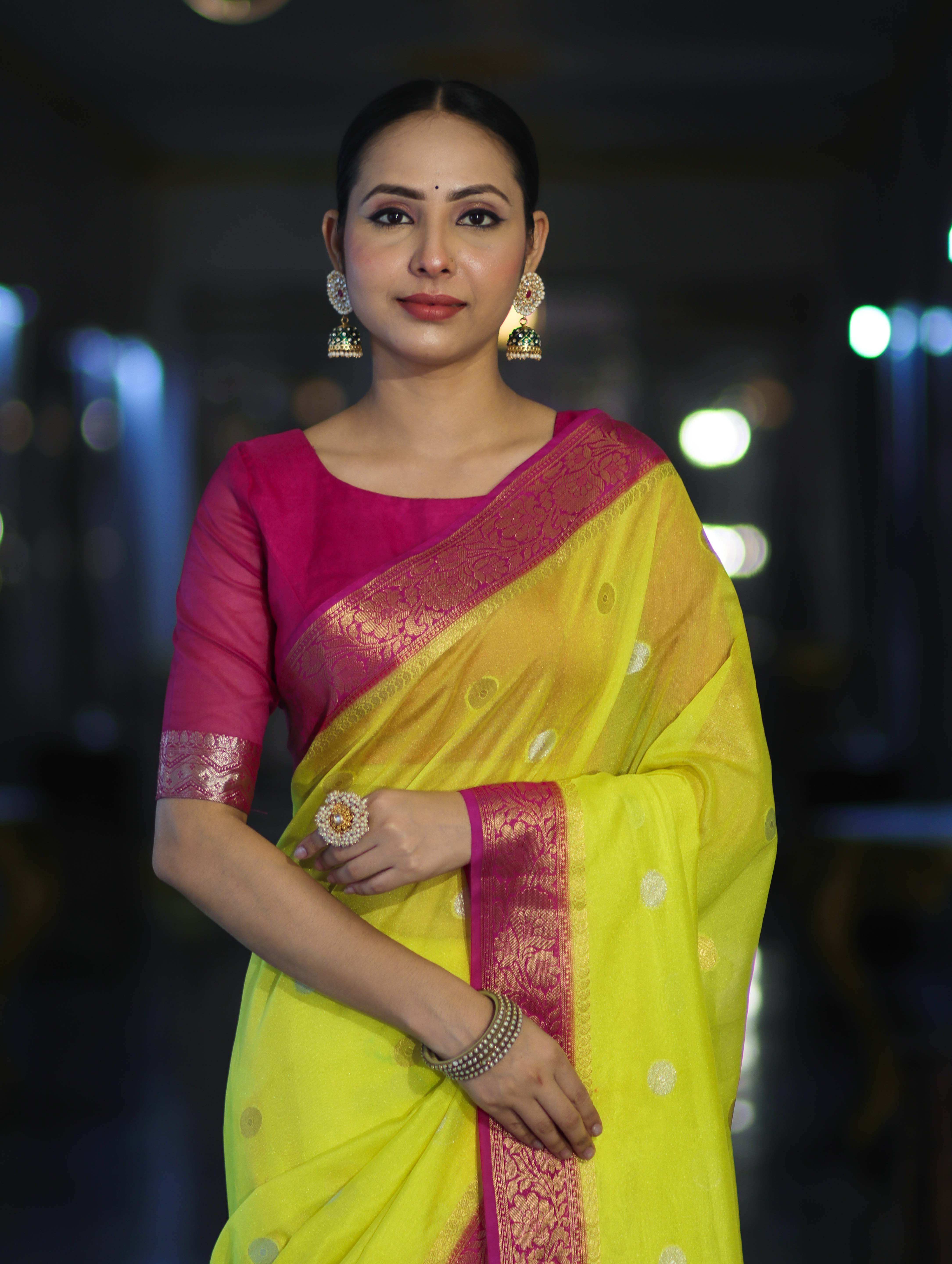 Banarasee Semi Chiffon Saree With Zari Buti Design & Contrast Border-Neon Yellow & Magenta