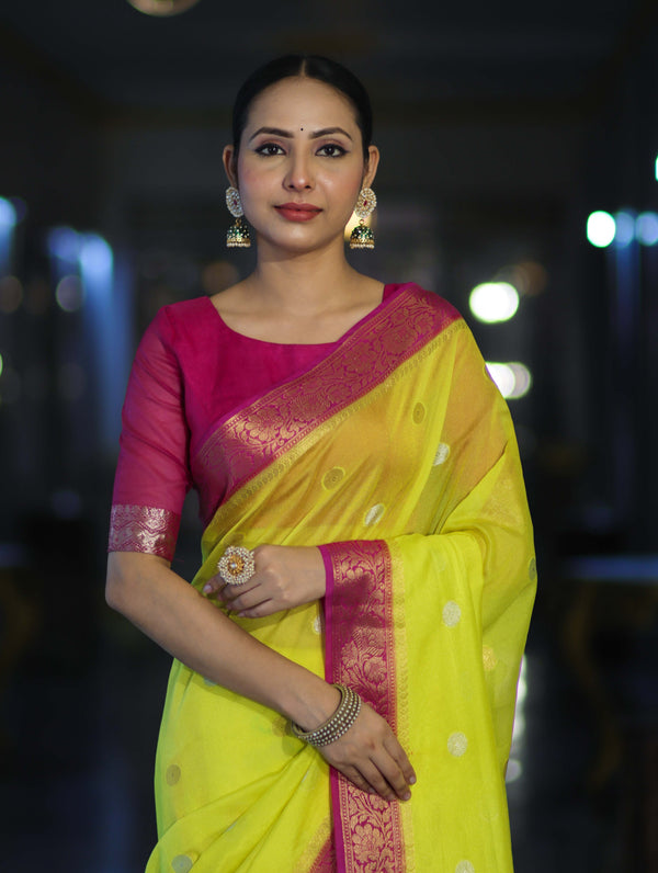 Banarasee Semi Chiffon Saree With Zari Buti Design & Contrast Border-Neon Yellow & Magenta