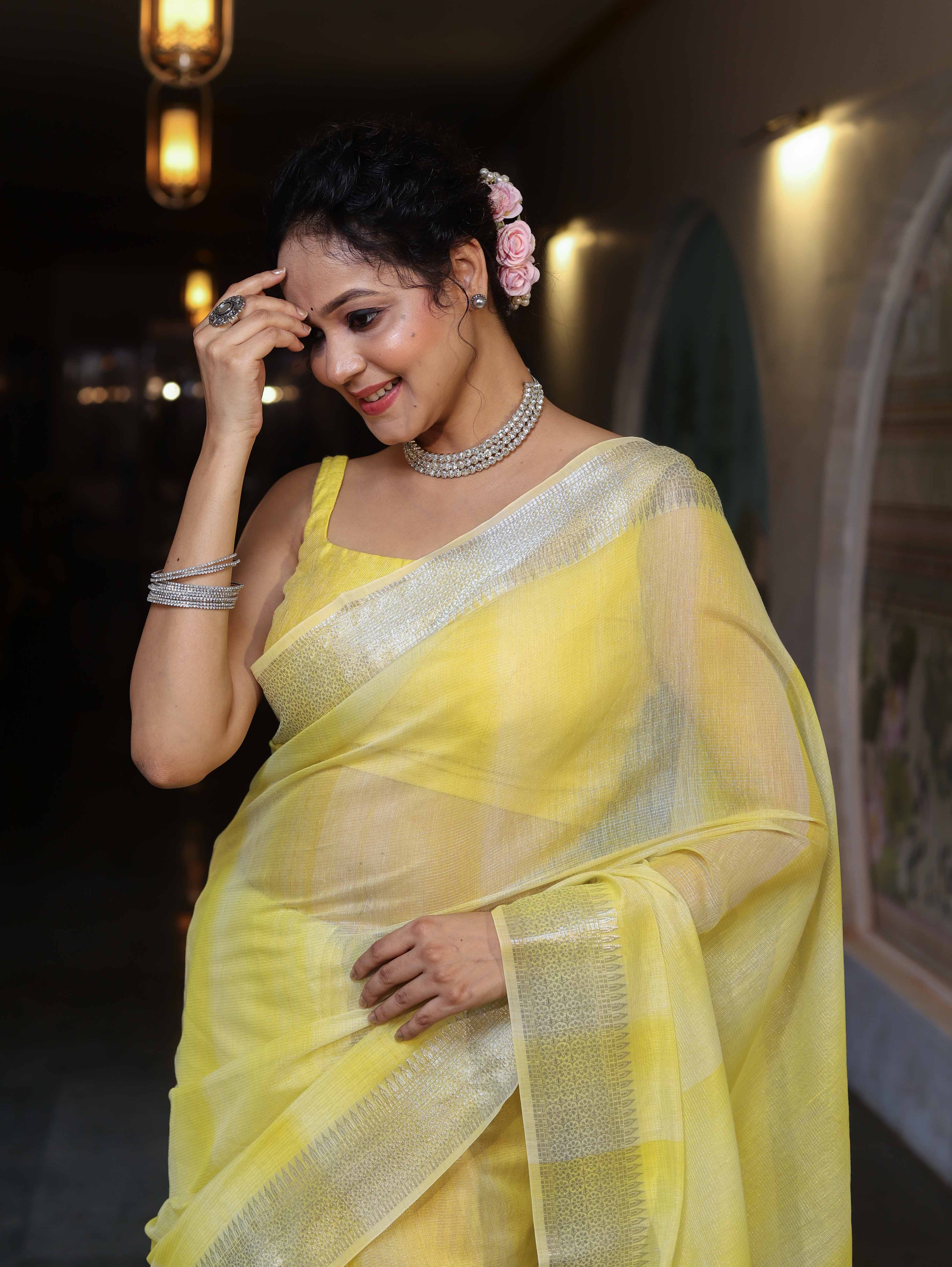 Banarasee Handloom Linen Tissue Saree With Silver Zari Stripes & Border-Light Yellow