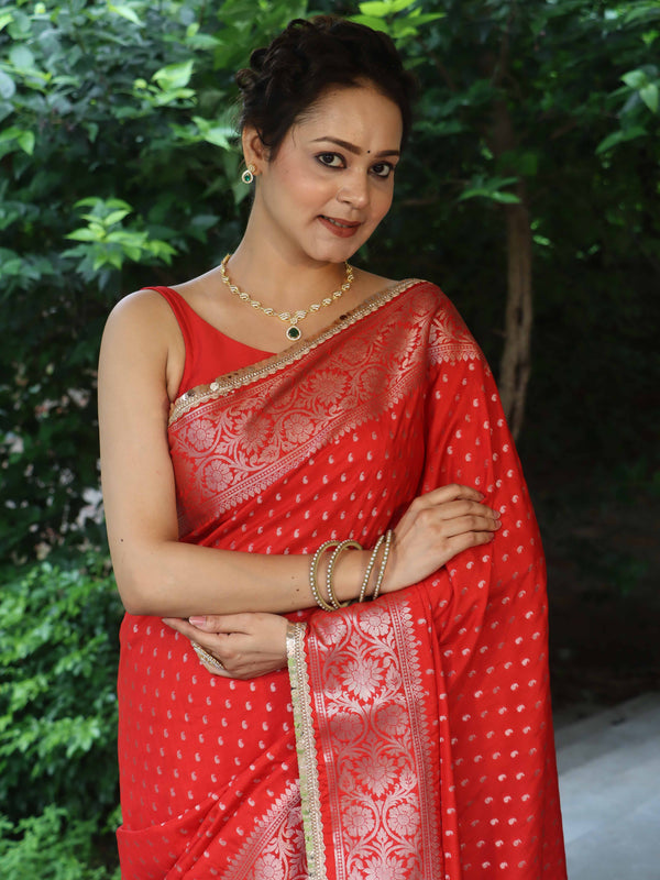 Banarasee Handwoven Semi Silk Saree With Zari Buti Design Floral Border & Lace-Red