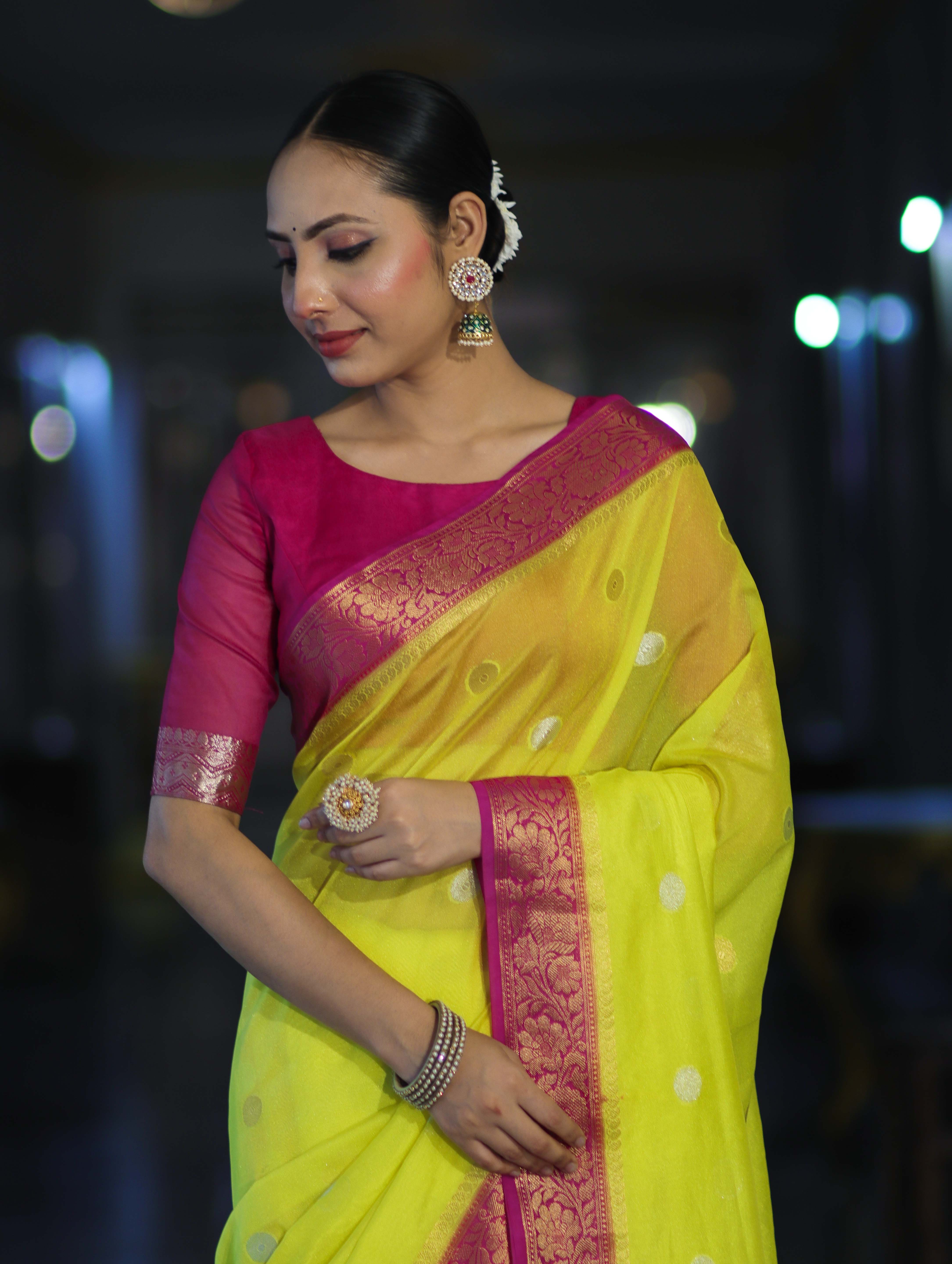 Banarasee Semi Chiffon Saree With Zari Buti Design & Contrast Border-Neon Yellow & Magenta