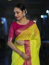Banarasee Semi Chiffon Saree With Zari Buti Design & Contrast Border-Neon Yellow & Magenta