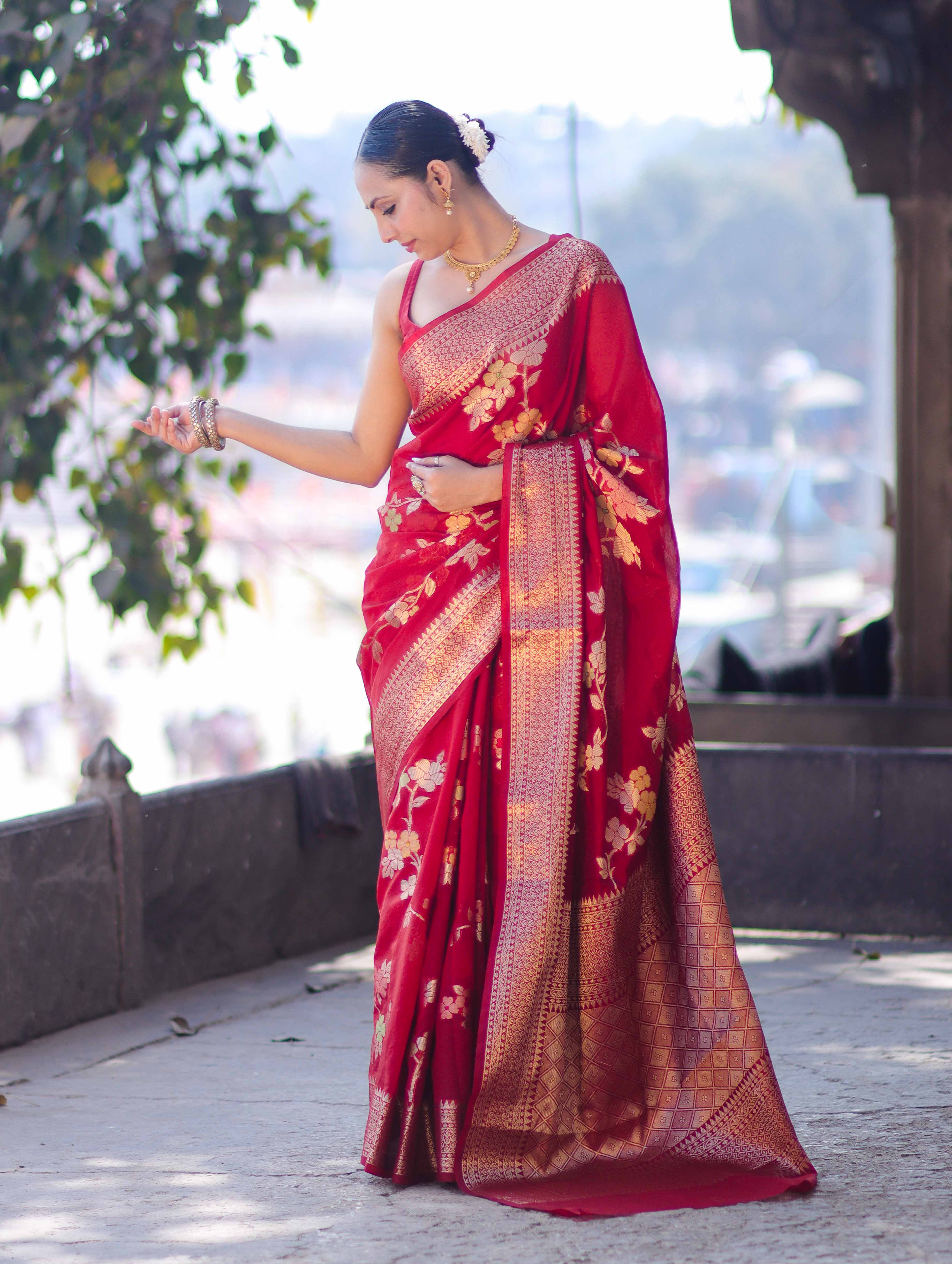 Banarasee Semi Chiffon Saree With Floral Zari Work & Border-Maroon