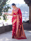 Banarasee Semi Chiffon Saree With Floral Zari Work & Border-Maroon