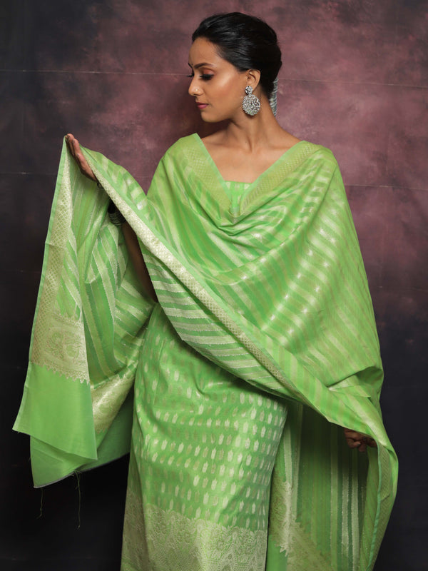 Banarasee Salwar Kameez Cotton Silk Resham & Zari Buti Woven Fabric With Dupatta-Light Green